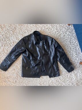 Children’s Black Faux Leather Moto Jacket with Stud Accents
